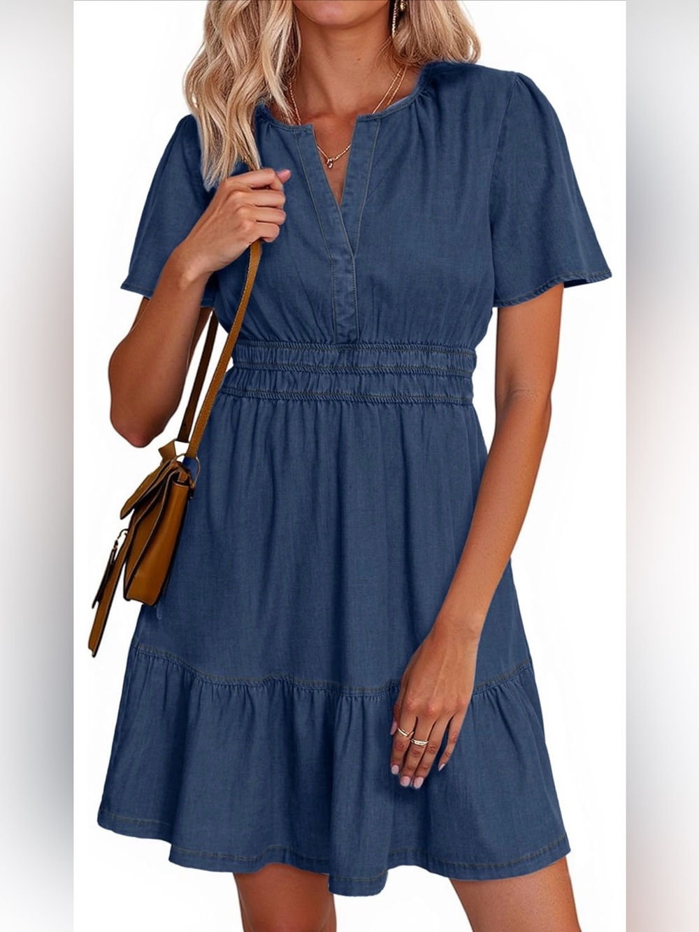 Simplee Apparel Blue Denim V-Neck Mini Dress - Size Medium